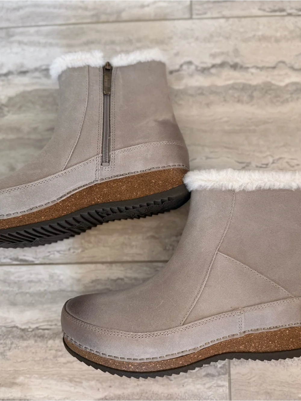 Women's Taupe Suede Shearling-Trim Ankle Boot